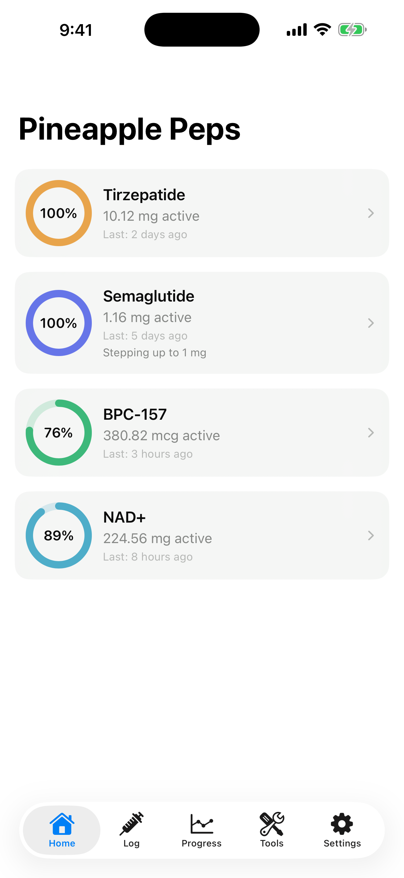 Pineapple Peps iPhone home dashboard with active peptide levels
