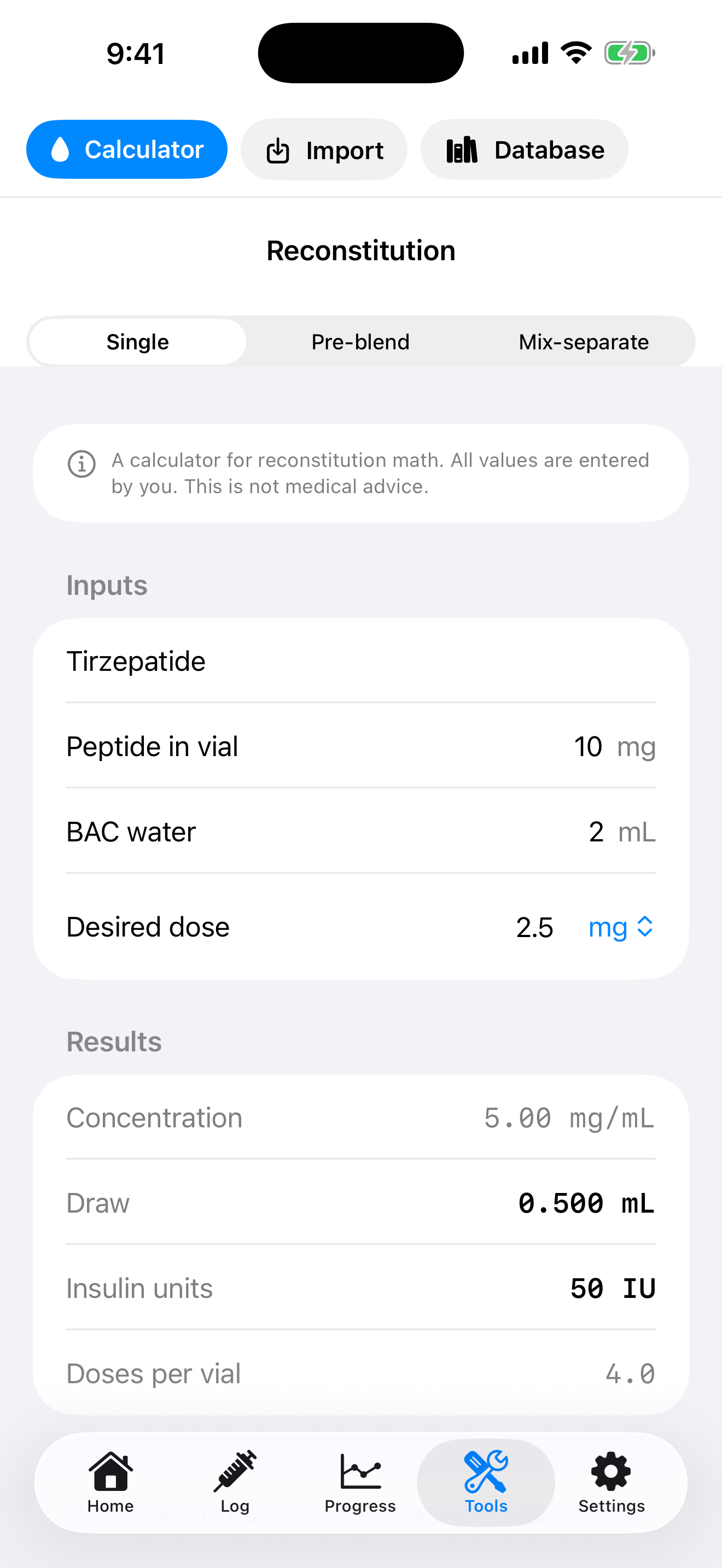 Pineapple Peps iPhone single-peptide reconstitution calculator