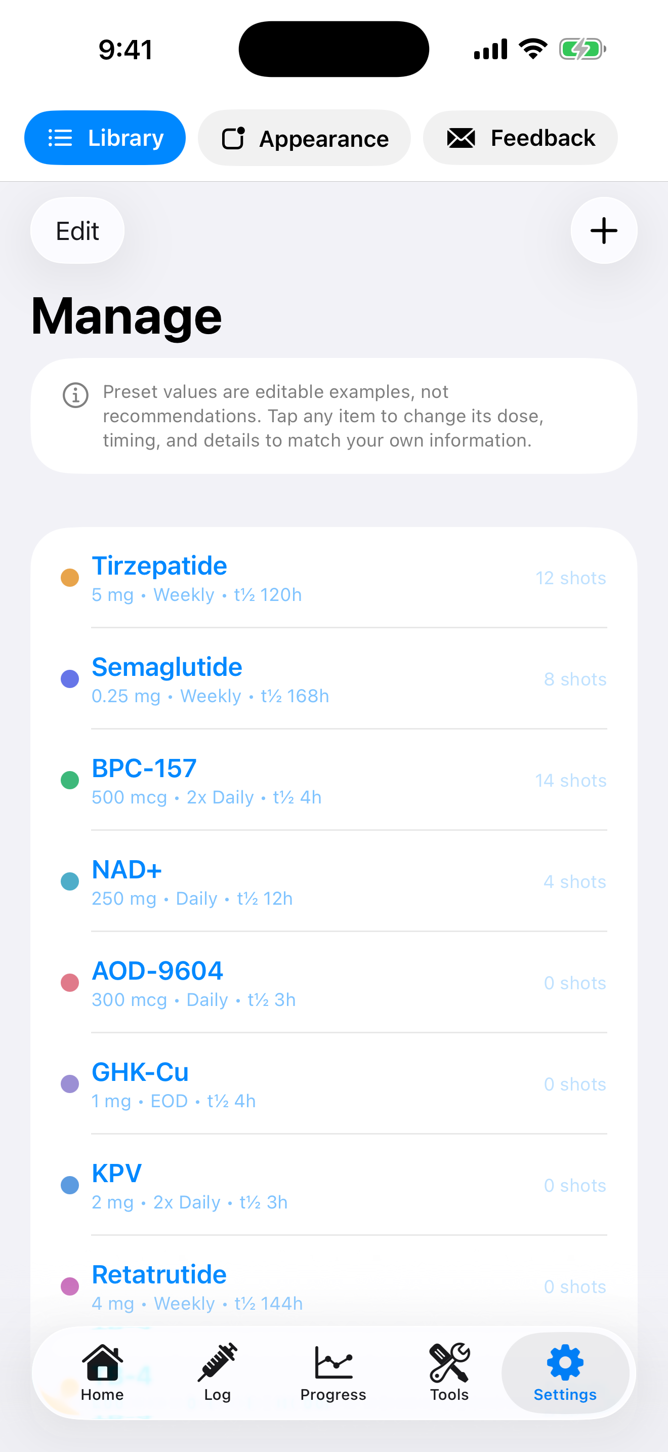 Pineapple Peps iPhone peptide library and management screen