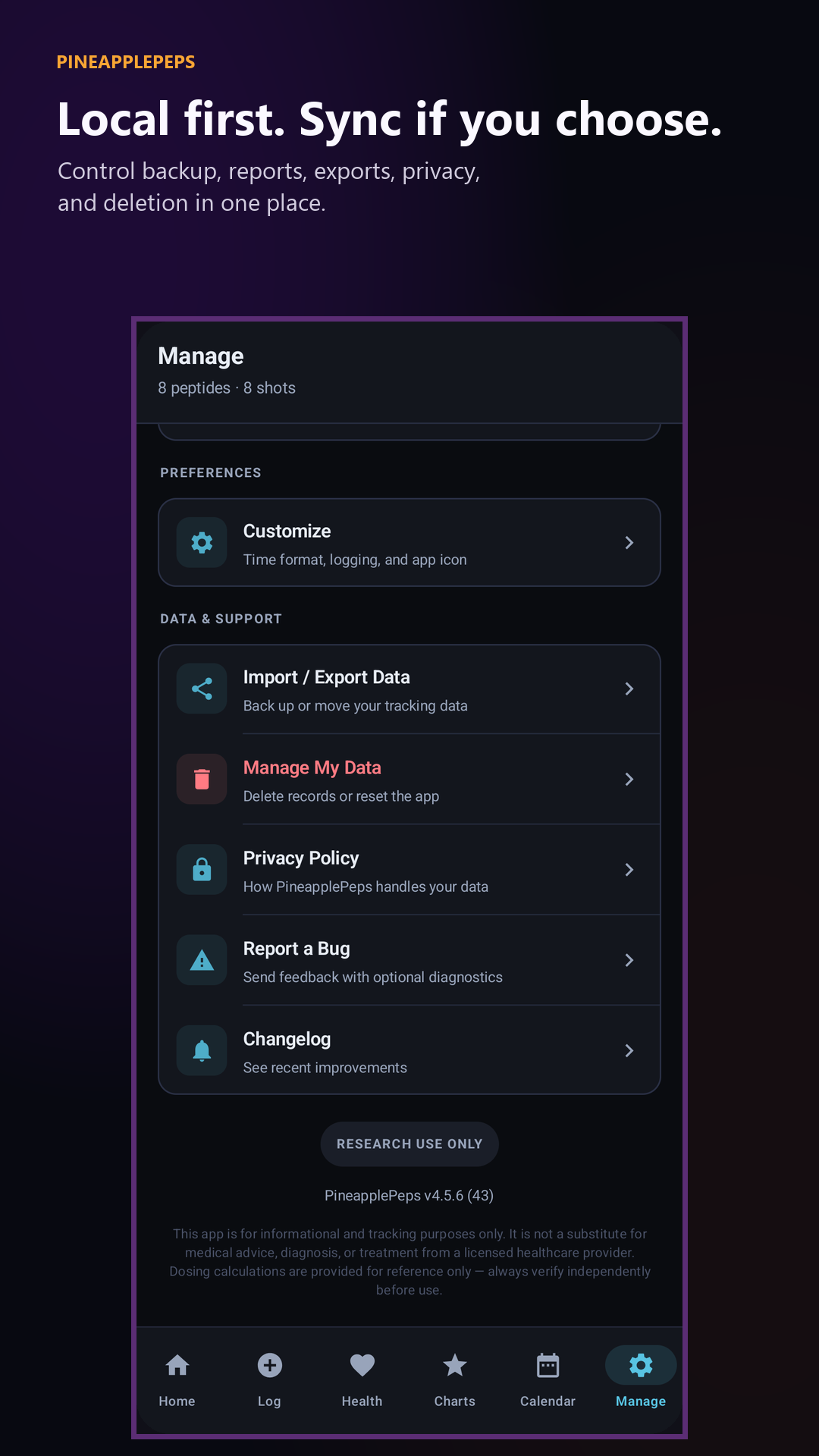 PineapplePeps manage and data controls screen